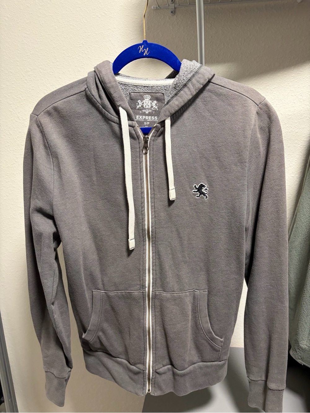 Express Men's Gray Full-Zip Hoodie with Lion Emblem